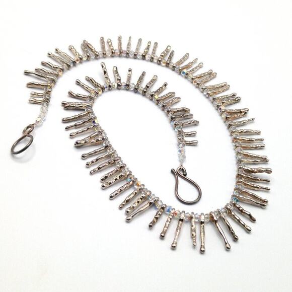 Artisan Crystal Bead Necklace with Silver Tube Beads on Wire, Handmade, 18 Inch - Picture 10 of 10